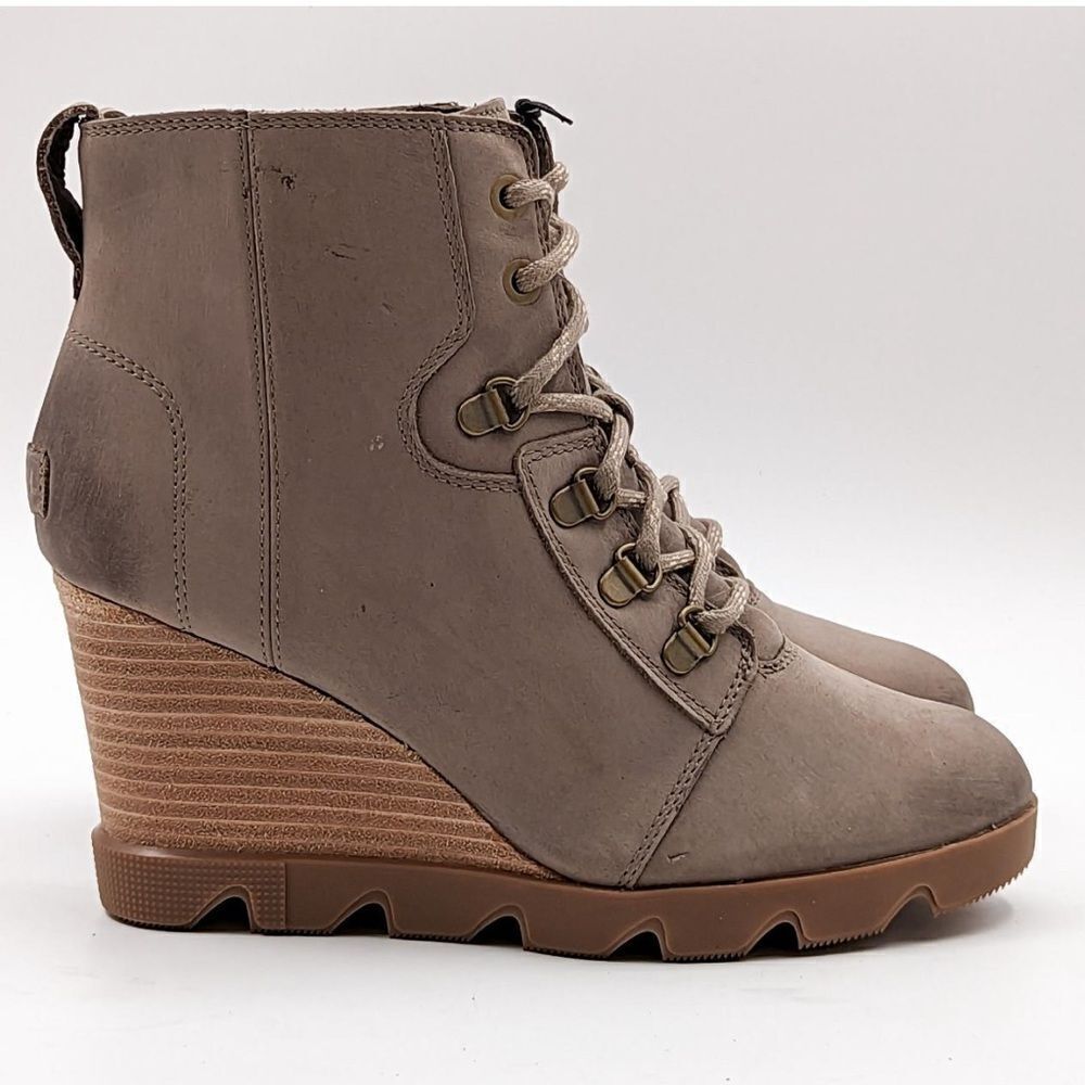 Sorel Joan Uptown Waterproof Wedge Bootie in mushroom. 8.5